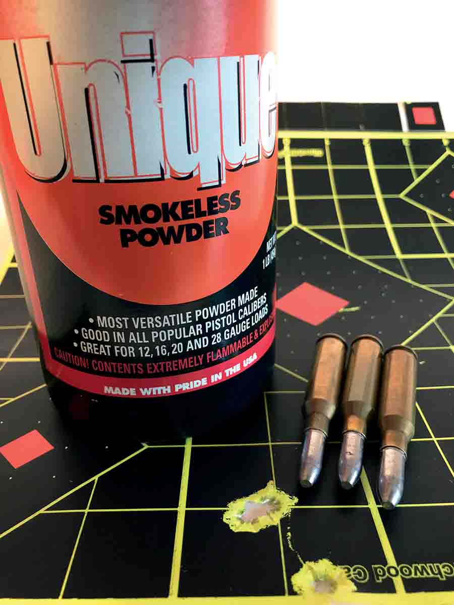 Cast bullets loaded with Unique powder in 7mm-08 cases provided this group at 100 yards.